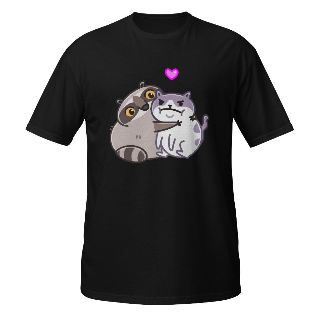 T-shirt with popular memes about a raccoon and a cat