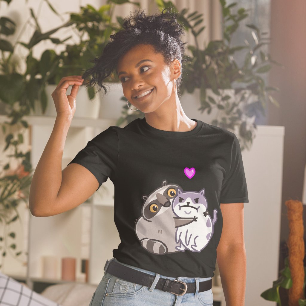 T-shirt with popular memes about a raccoon and a cat