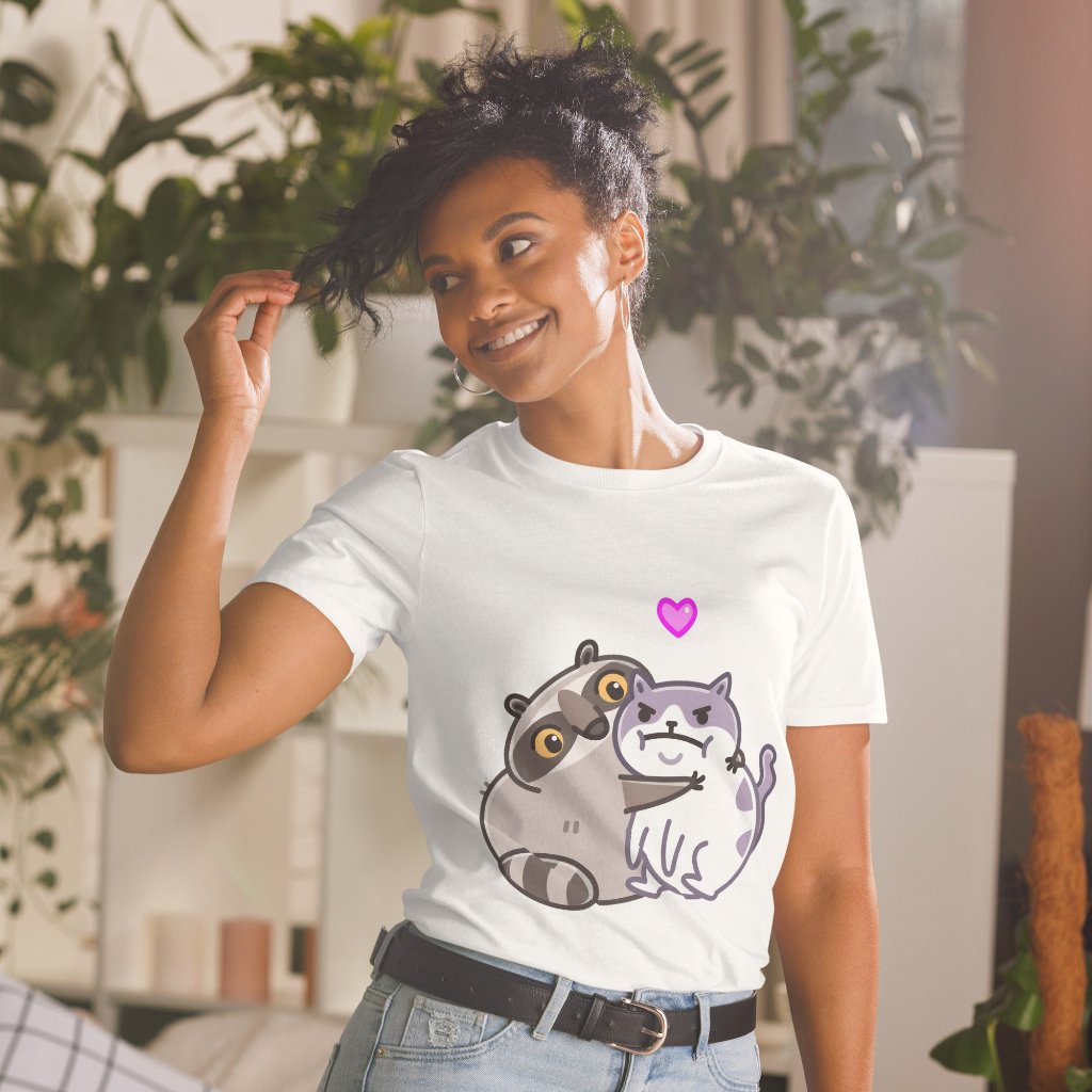 T-shirt with popular memes about a raccoon and a cat