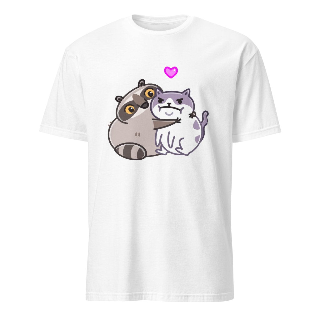 T-shirt with popular memes about a raccoon and a cat